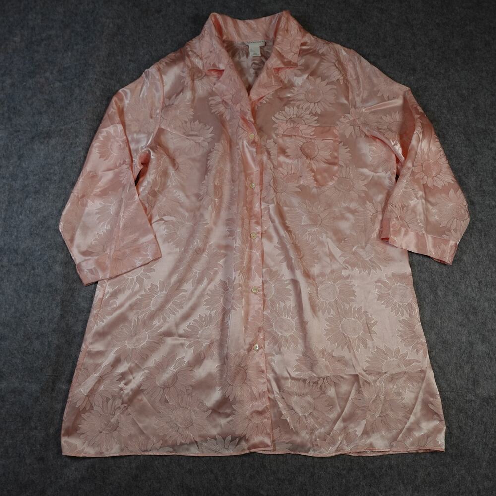 Vintage Natori Pajama Top Womens 1X Sleep PJ Jaquard Floral Pink Satin Button